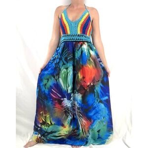 Boho Crochet Halter Maxi Dress L Tropical Resort Festival Abstract Dopamine Bold